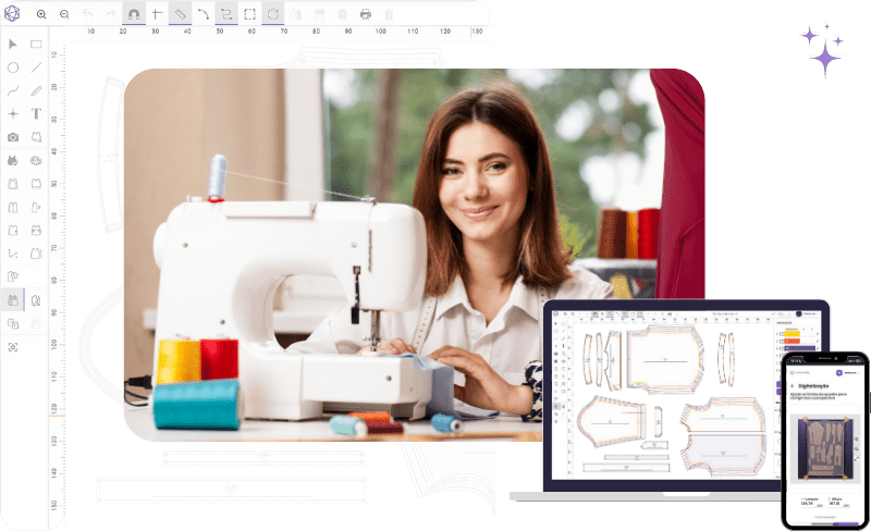 Print da tela do sistema da Molde.me ao fundo com estudante sentada mexendo em máquina de costura. Na frente, notebook com imagem do CAD da Molde.me e celular mostrando a digitalização de moldes de papel