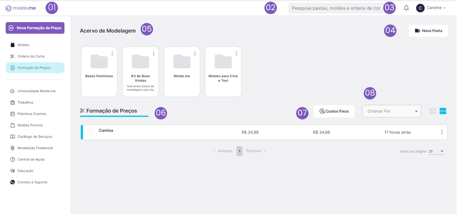 Área de formação de preços da Molde.me 