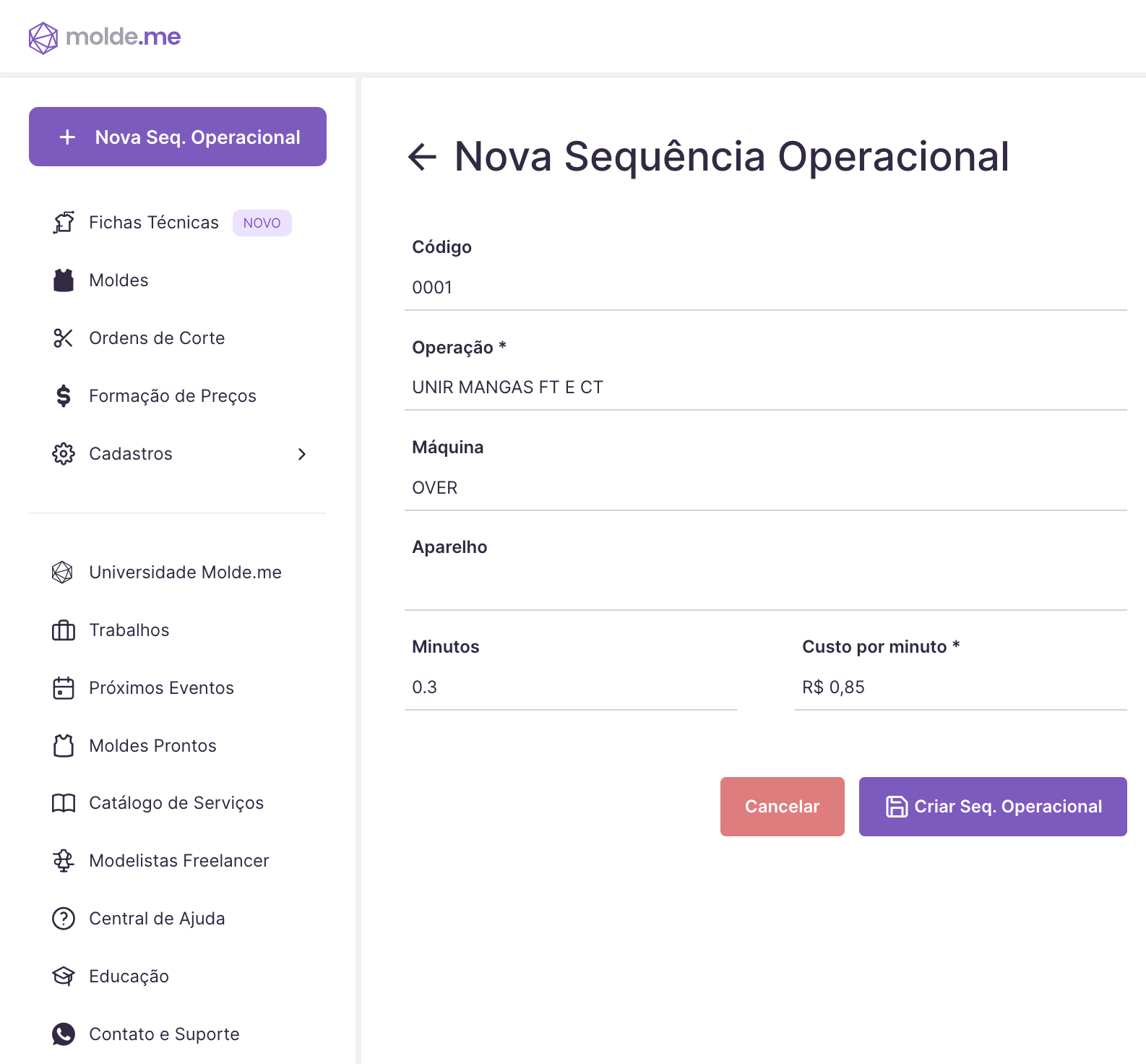 Dados de cadastro da nova sequência operacional da Molde.me