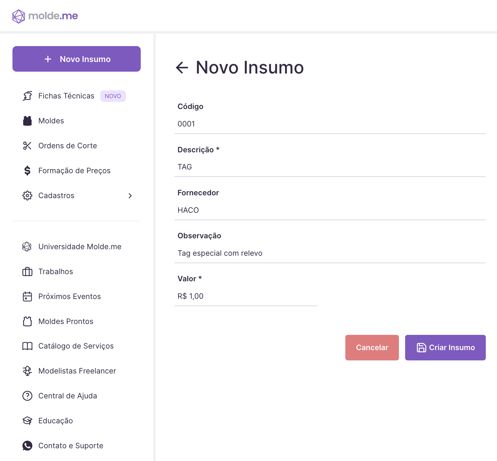 Dados de cadastro do novo insumo na Molde.me 