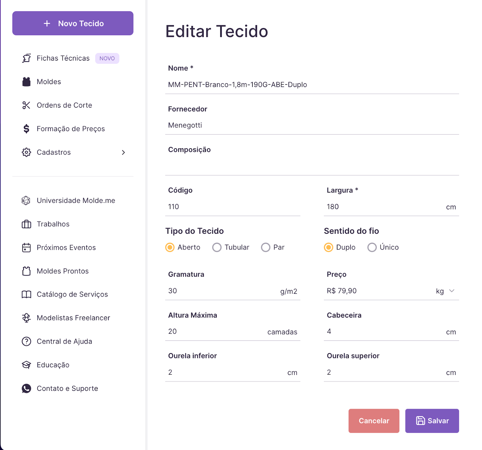 Salvando novo tecido na Molde.me 