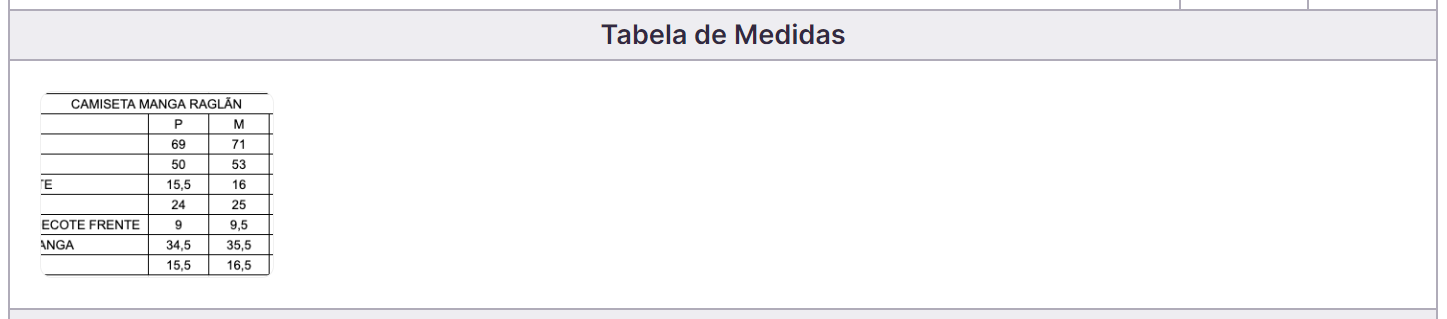 Utilize o campo de tabela de medidas para fazer o upload no formato imagem da sua tabela na Molde.me. 