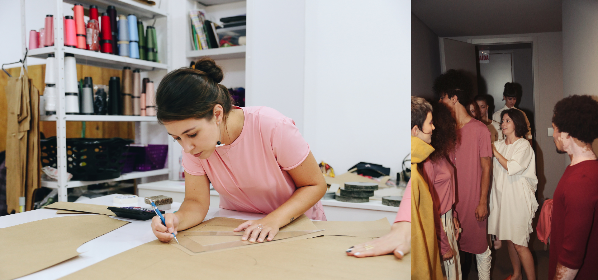 Fotos do arquivo pessoal de Heloisa Strobel. Foto 01: Heloisa desenhando modelagem no papel. Foto 02: Lançmento de Coleção no Paris Fashion Week. A nova coleção foi lançada na edição N57 do São Paulo Fashion Week. 