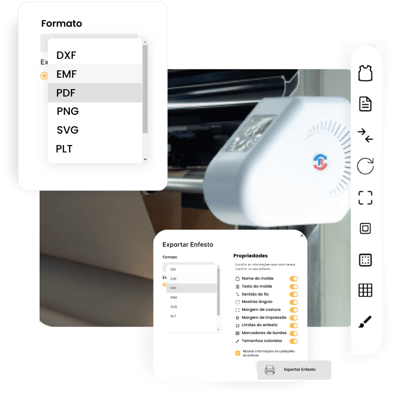 Compatibilidade de impressão de arquivo. Na imagem estão a mostra os formatos de arquivo, configurações de impressão e uma plotter ao fundo.