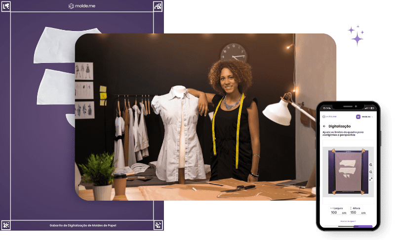Imagem apresenta a digitalização de moldes no celular, gabarito de digitalização e no centro imagem de ateliê de roupas