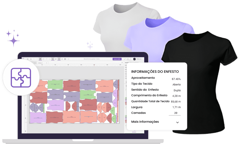 Encaixe Automático Molde.me com T-shirts representando a produção em escala de uma confecção de roupas