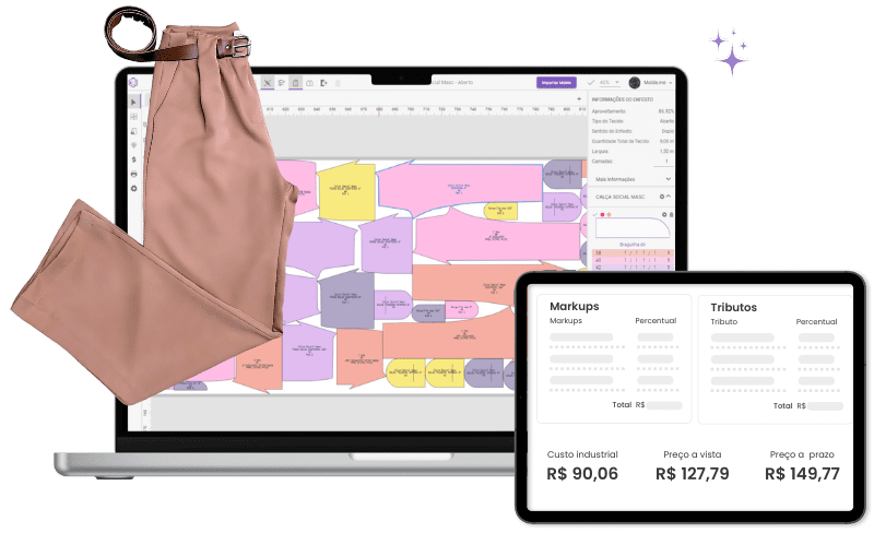 Notebook mostrando o encaixe da Molde.me e tablet mostrando a formação de preços, ao lado esquerdo foto de calça como demonstrativo da peça que está encaixa no enfesto