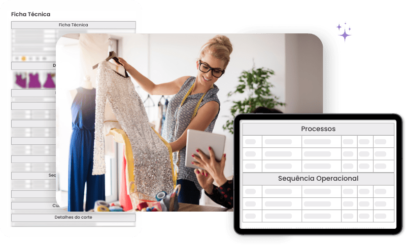 Tablet com ficha técnica da Molde.me, no centro duas mulheres conversando mostrando a ficha técnica uma para a outra, no fundo a imagem da ficha técnica em destaque