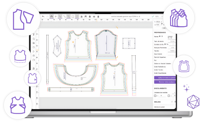 Tela do CAD da Molde.me com ícones de ferramentas diversas ao redor da tela