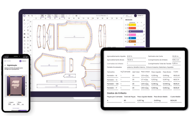 Telas do sistema Molde.me: CAD, Custos e Digitalização de Moldes