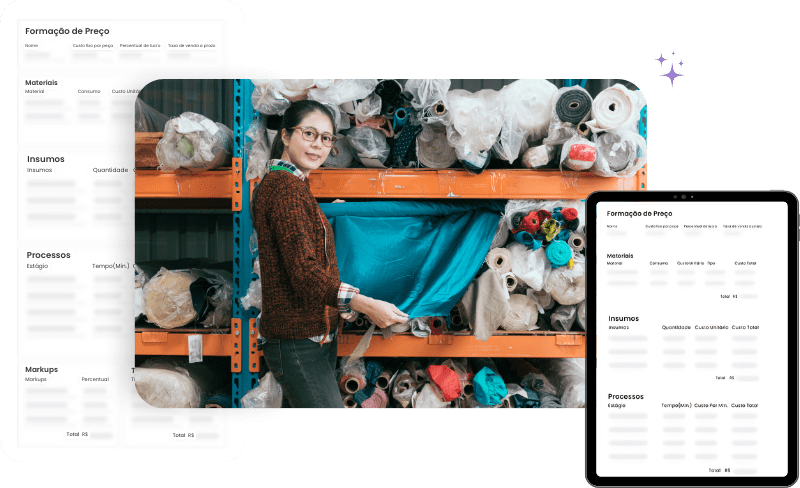 Tablet com a formação de preços, no centro imagem de mulher em meio a rolos de tecido em confecção e ao fundo imagem destacada da formação de preços de roupas