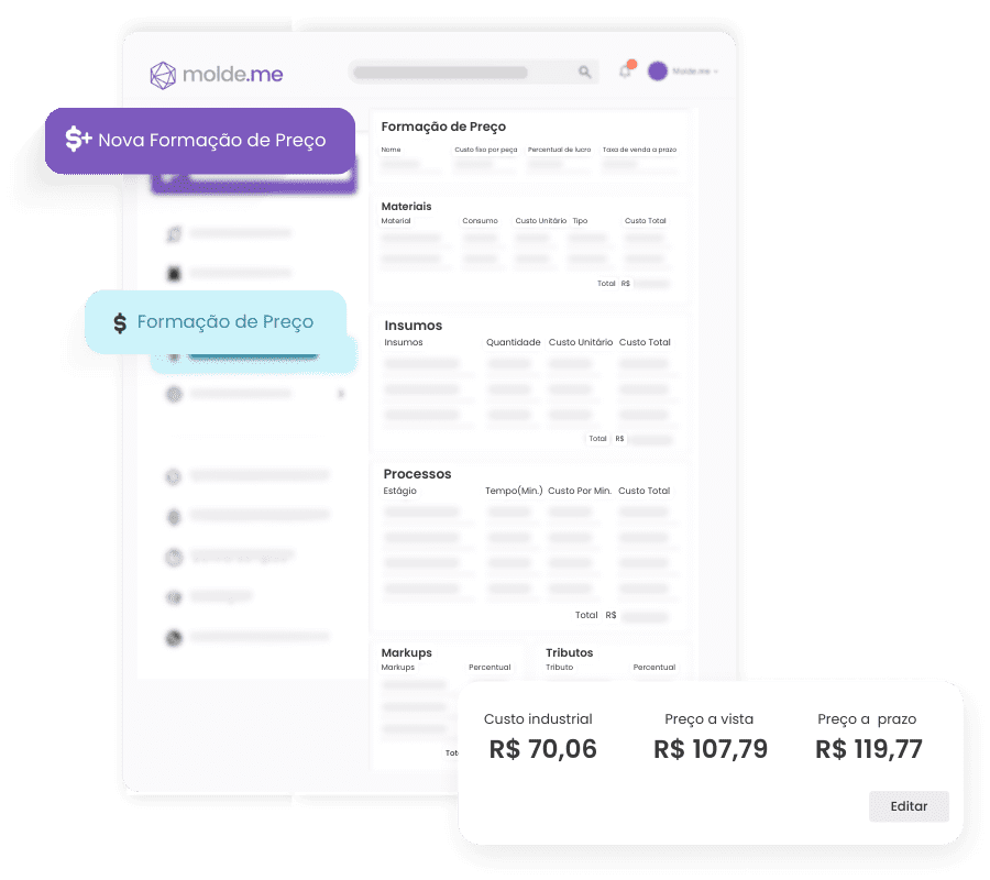 Print da tela de formação de preços da Molde.me com imagens em destaque