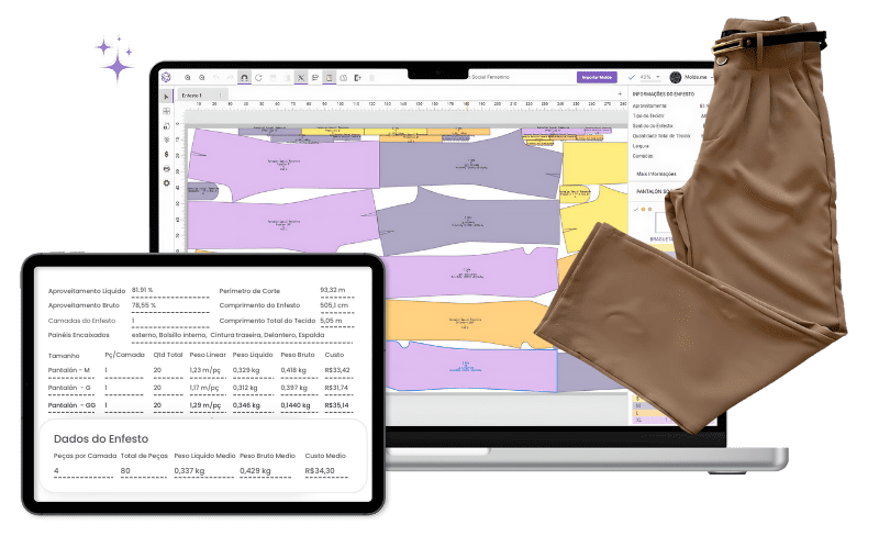 Tela do sistema mostrando encaixe com relatório de custos de uma calça